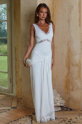 Lace Trim V-Neck Lace-Up Slim Long Lace Dress