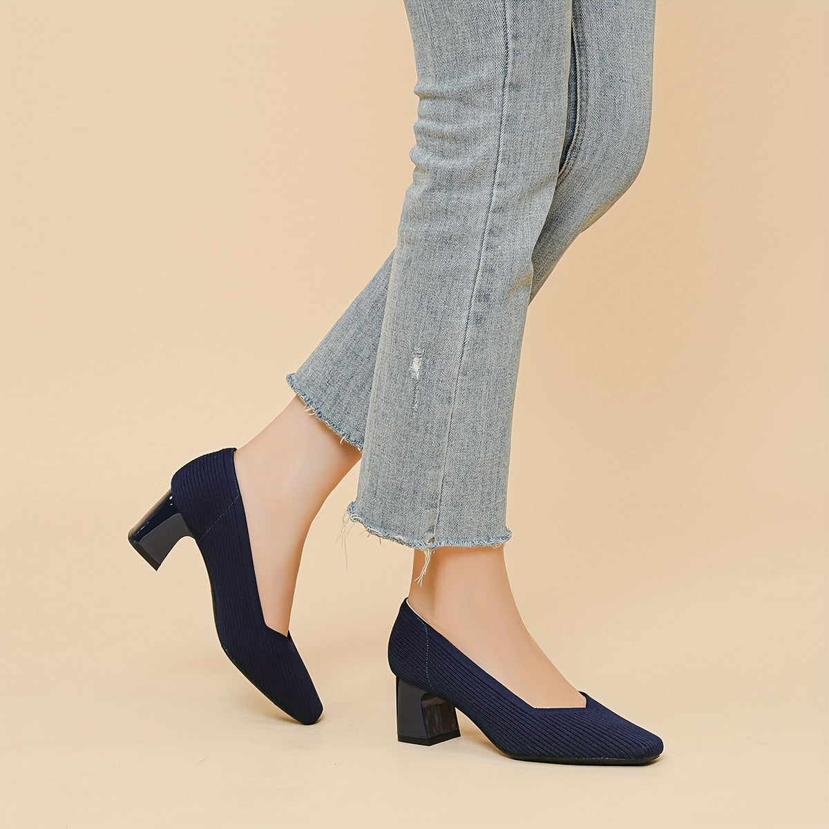 Square Toe Block Heel Slip On Pumps