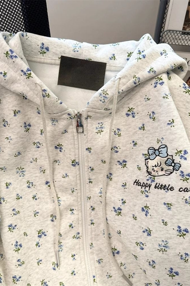 Whimsical Cat Illustration Print Hoodie