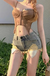 Low Rise Ripped Pocket Detail Shorts