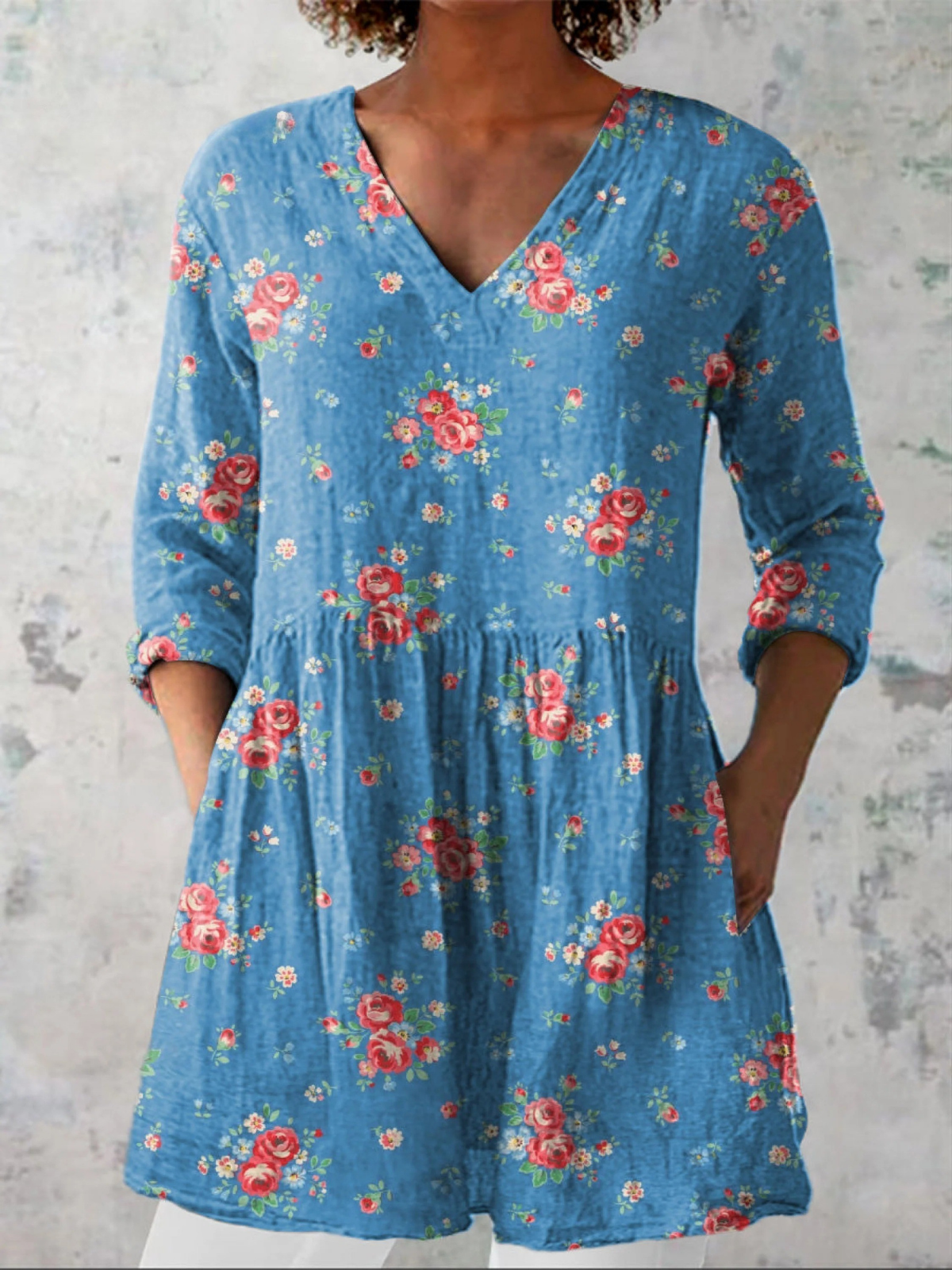 Floral Print V-Neck Long Sleeve Peplum Tunic Top
