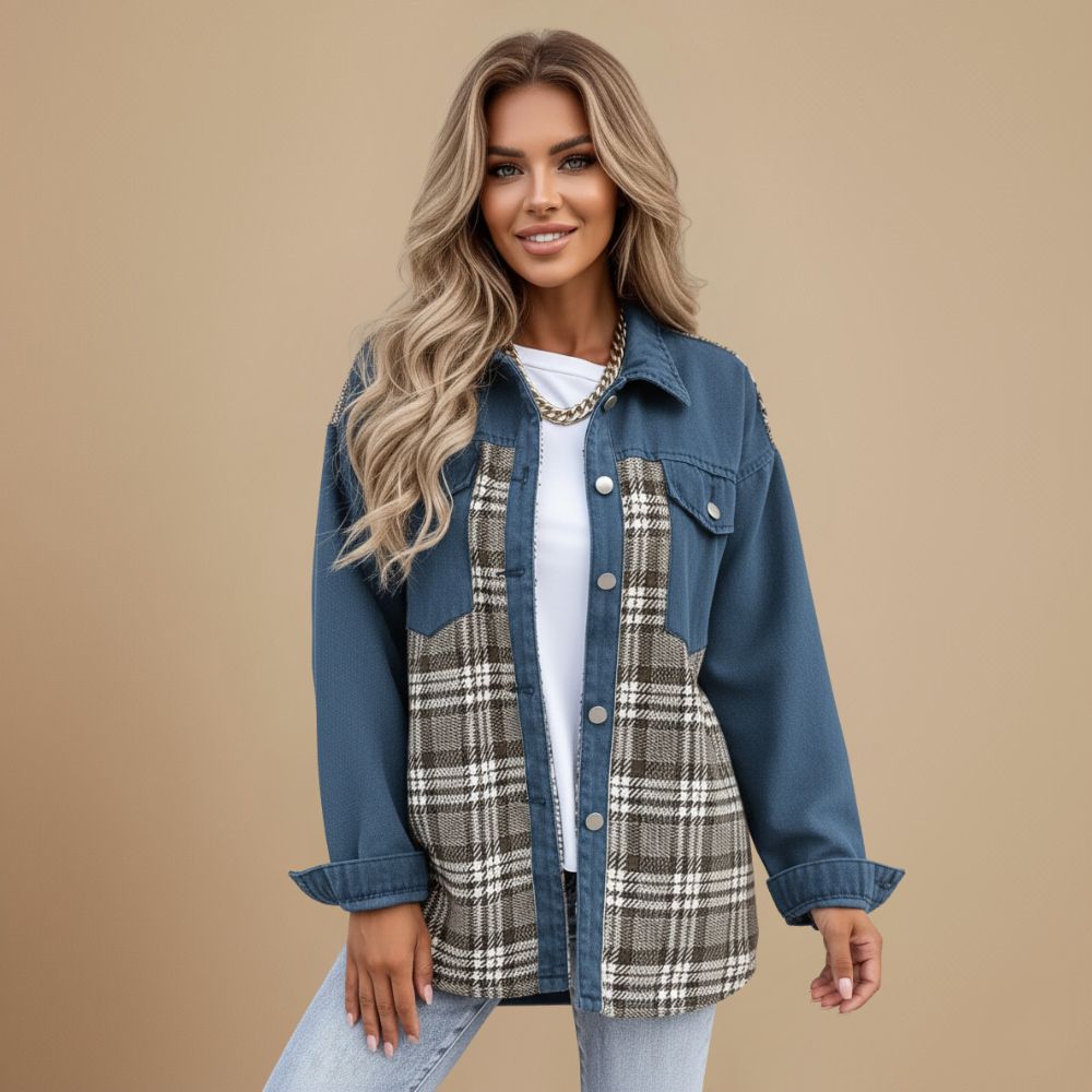 Denim Jacket with Plaid Patchwork and Button Closure