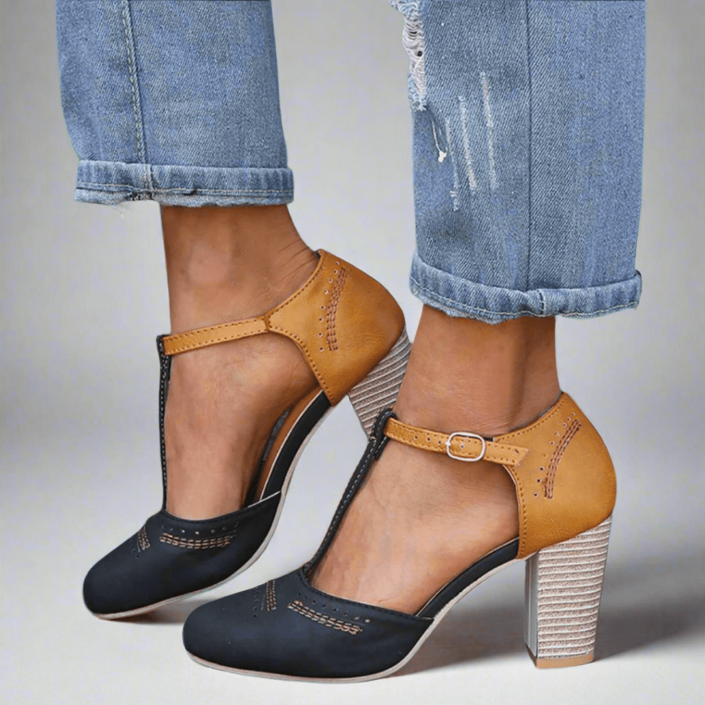 Round Toe T-Strap Buckle Block Heel Pumps