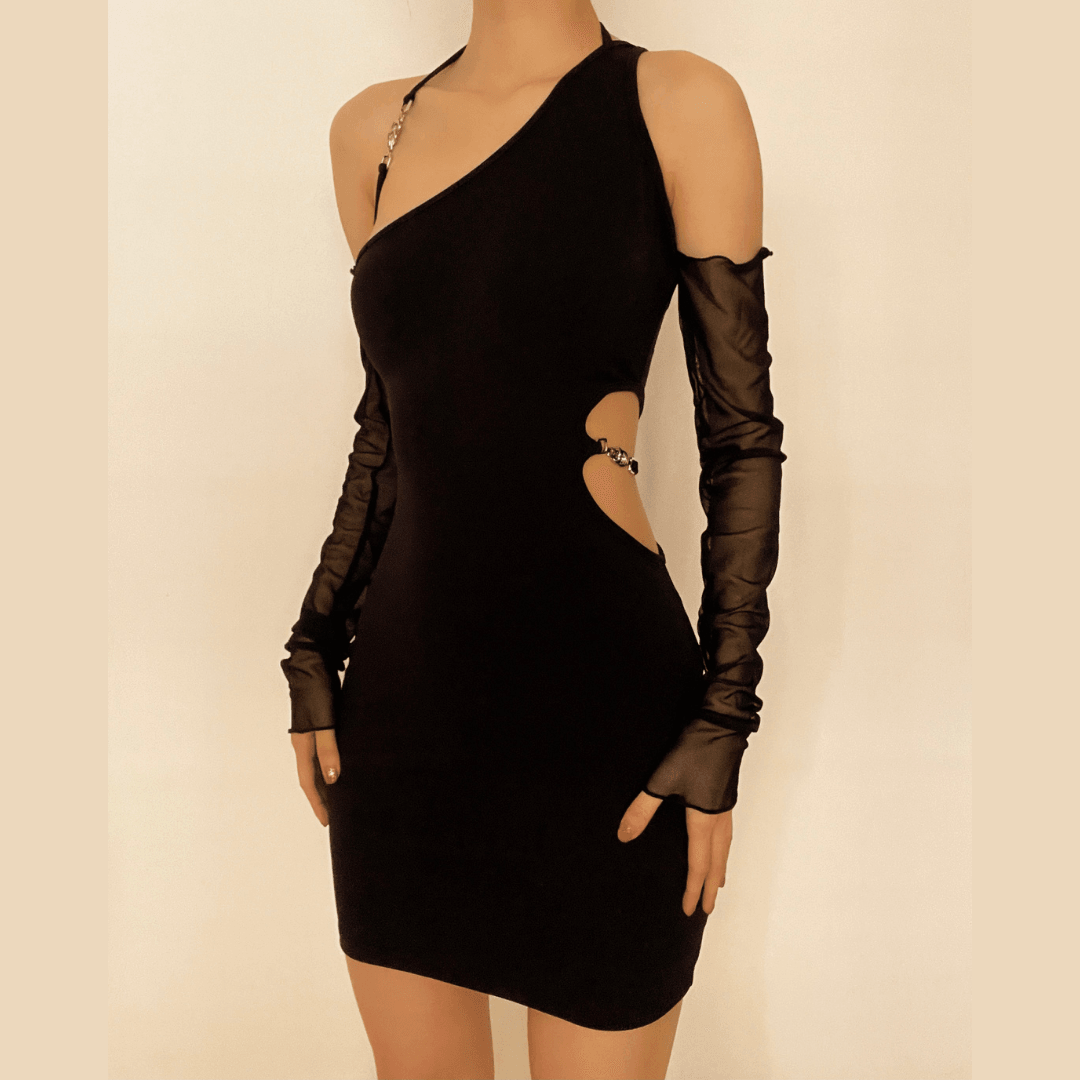 One Shoulder Side Cut Out Chain Detail Mesh Sleeve Bodycon Mini Dress