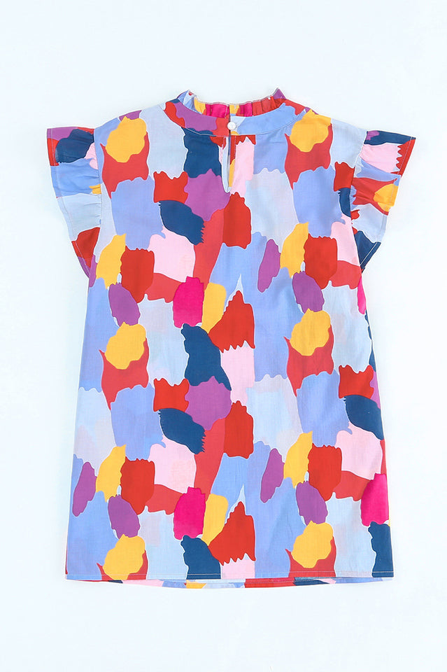 Abstract Brushstroke Print Mock Neck Ruffle Sleeve Blouse 12