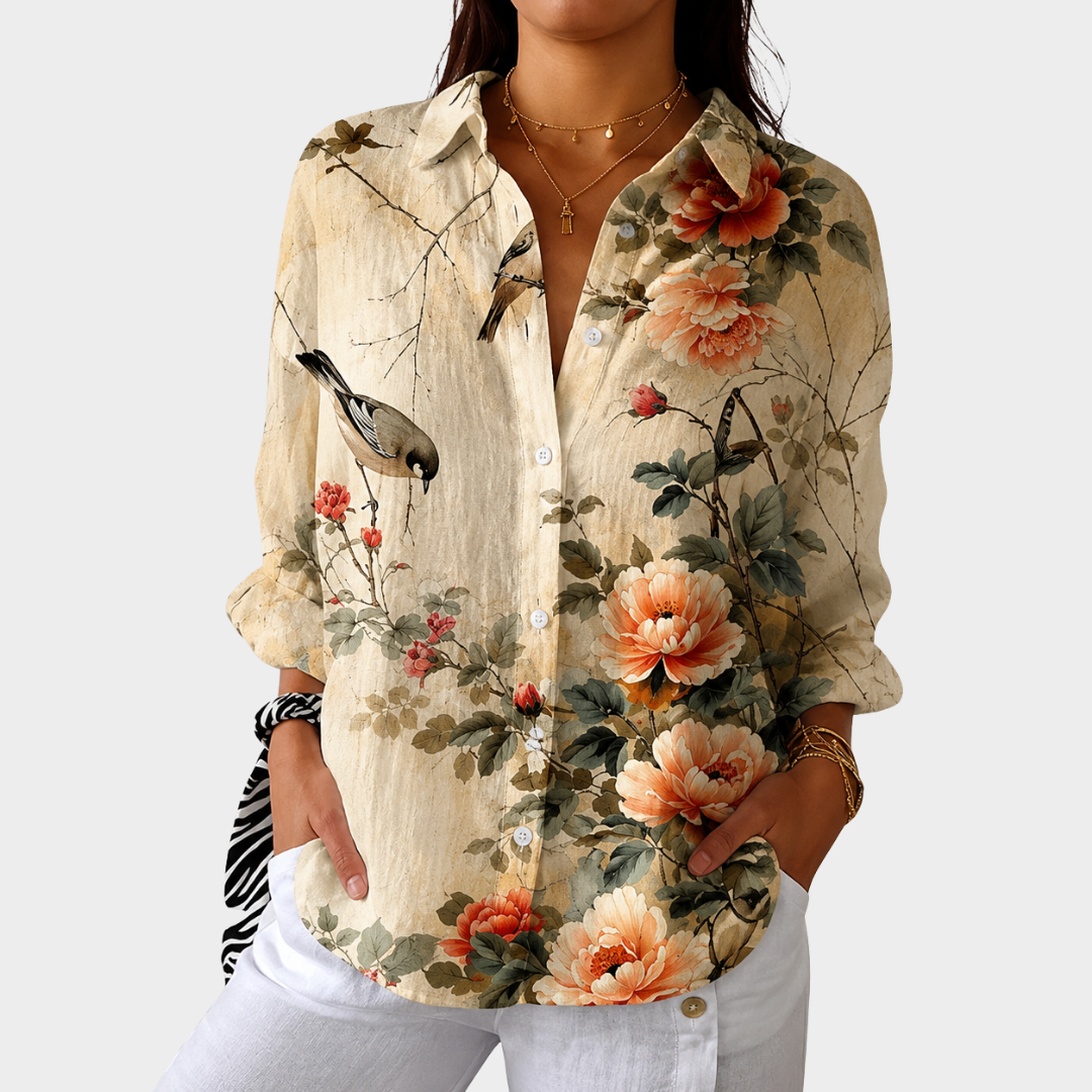 Bird Floral Print Long Sleeve Button Down Shirt