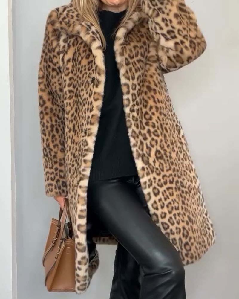 Leopard Print Faux Fur Lapel Collar Longline Coat