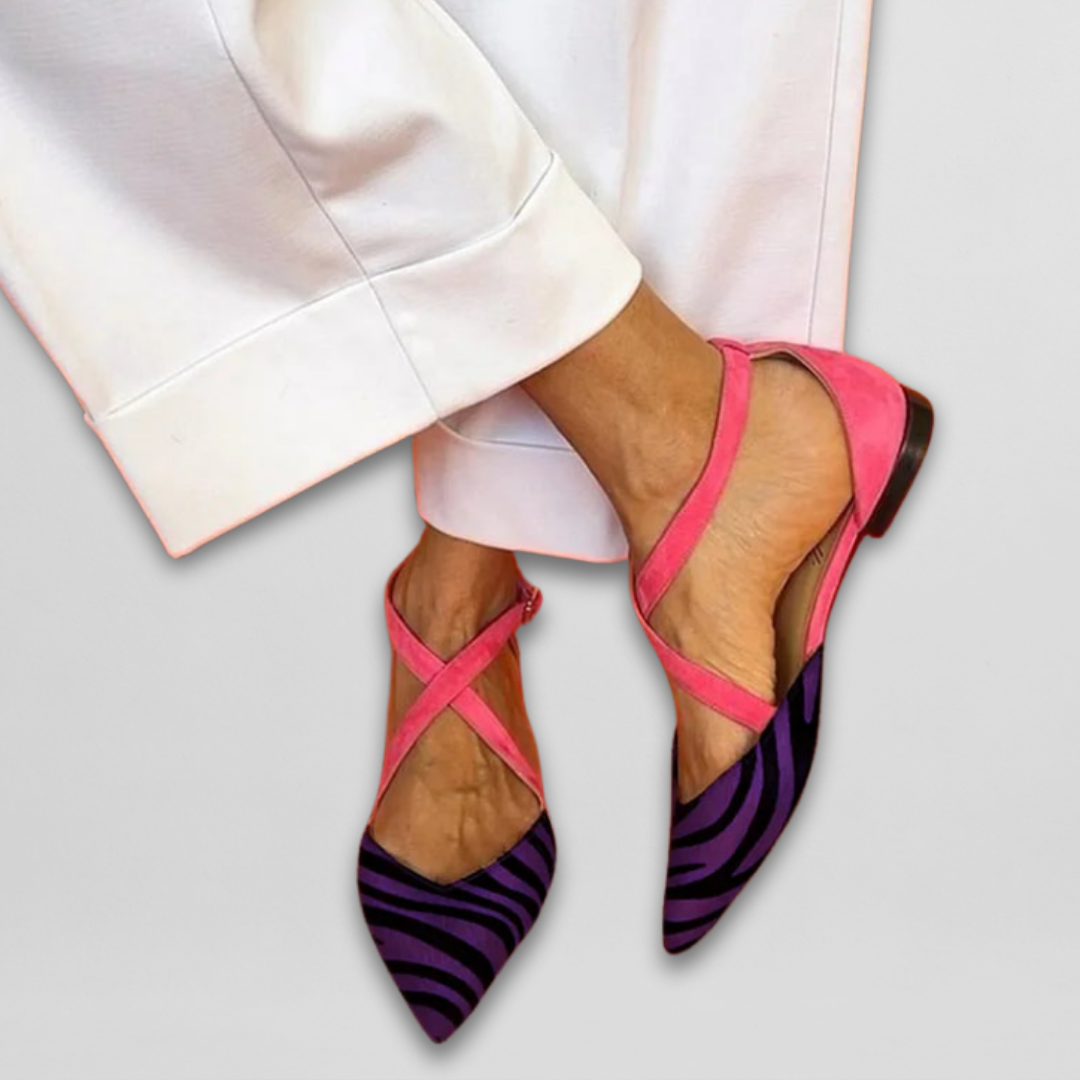 Zebra Print Pointed Toe Cross Strap Flats