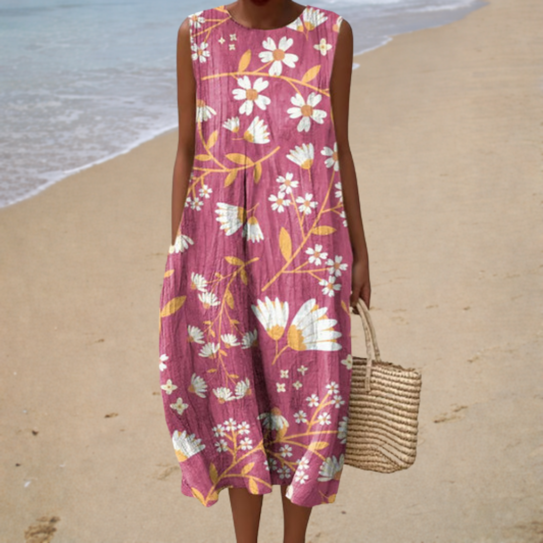 Floral Round Neck Sleeveless Pocket Midi Dress