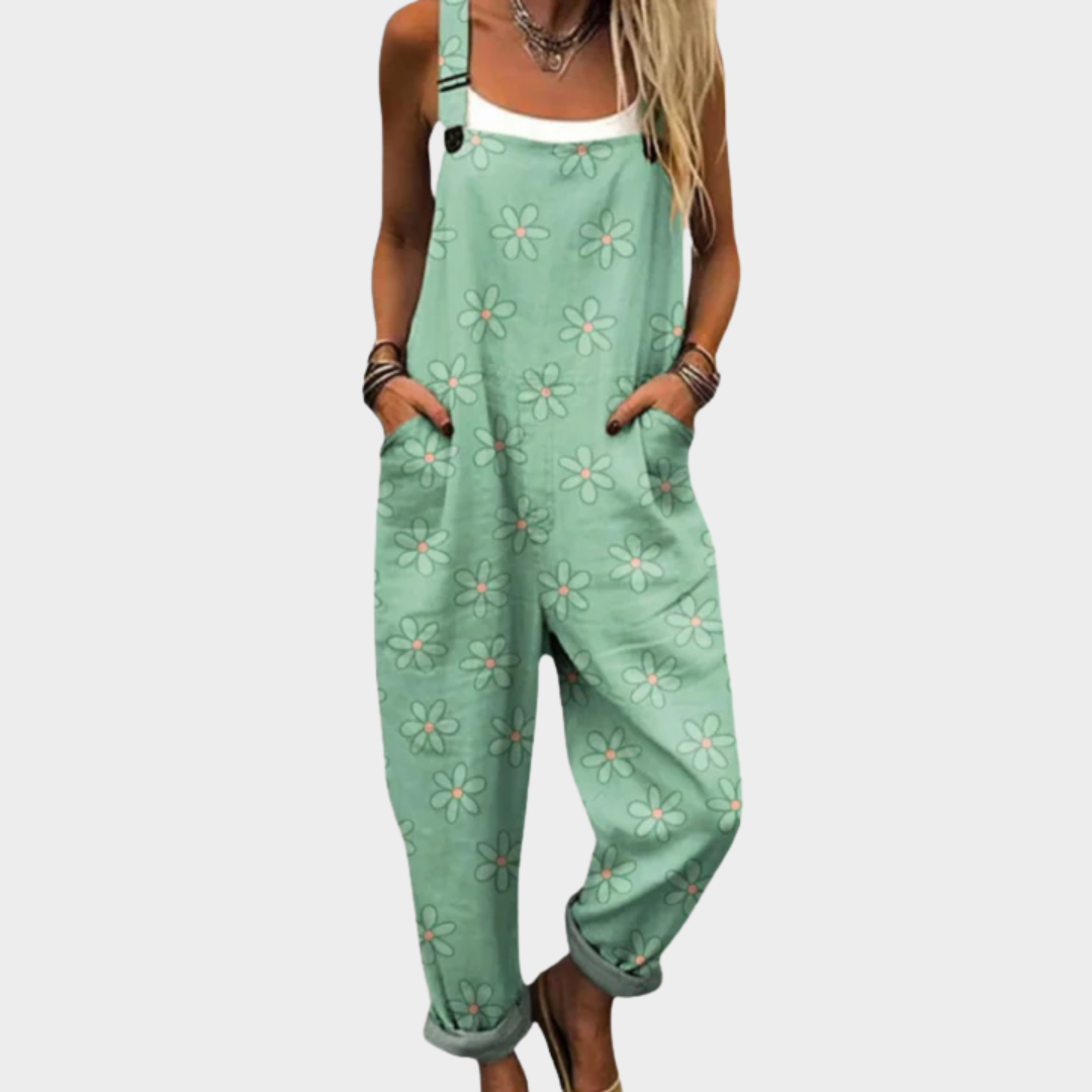 Daisy Print Pocket Cuffed Leg Dungaree Jumpsuit