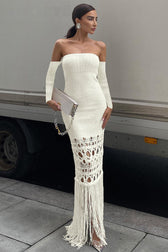 Knit Off Shoulder Long Sleeve Fringe Mermaid Maxi Dress 5