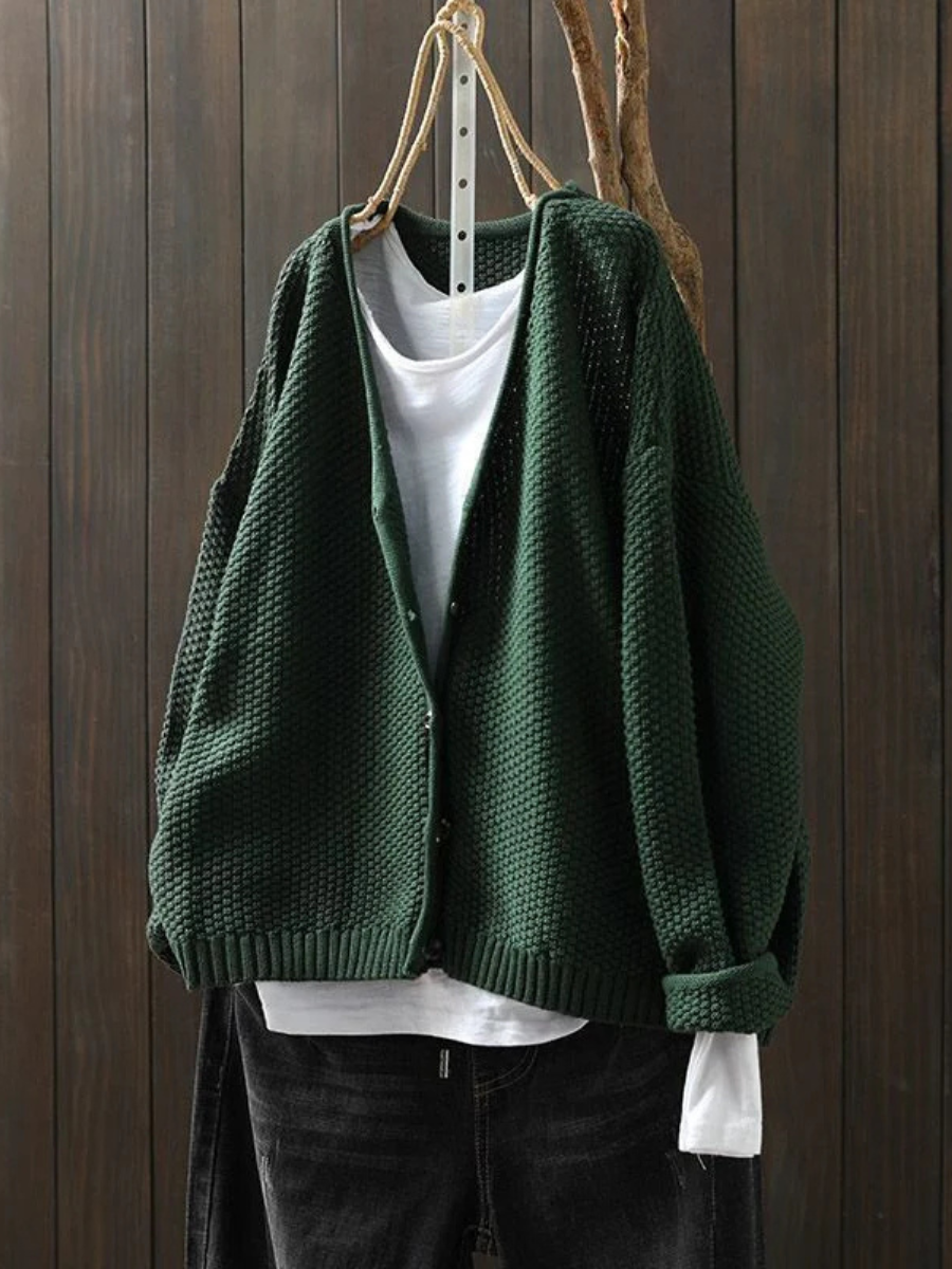 V-Neck Button Front Waffle Knit Cardigan