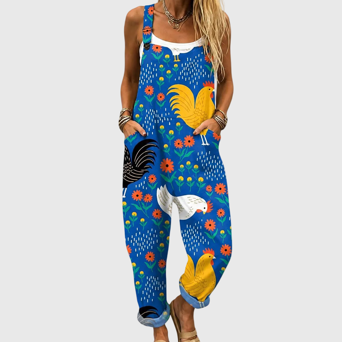 Rooster Print Sleeveless Overall Jumpsuit
