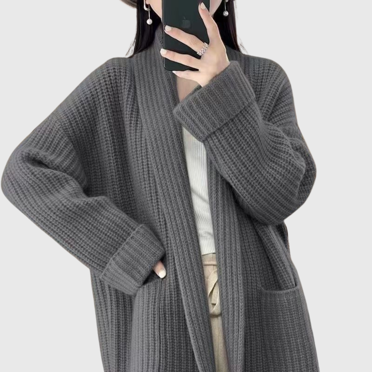 Shawl Collar Open Front Pocket Longline Chunky Knit Cardigan
