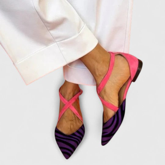 Zebra Print Pointed Toe Cross Strap Flats