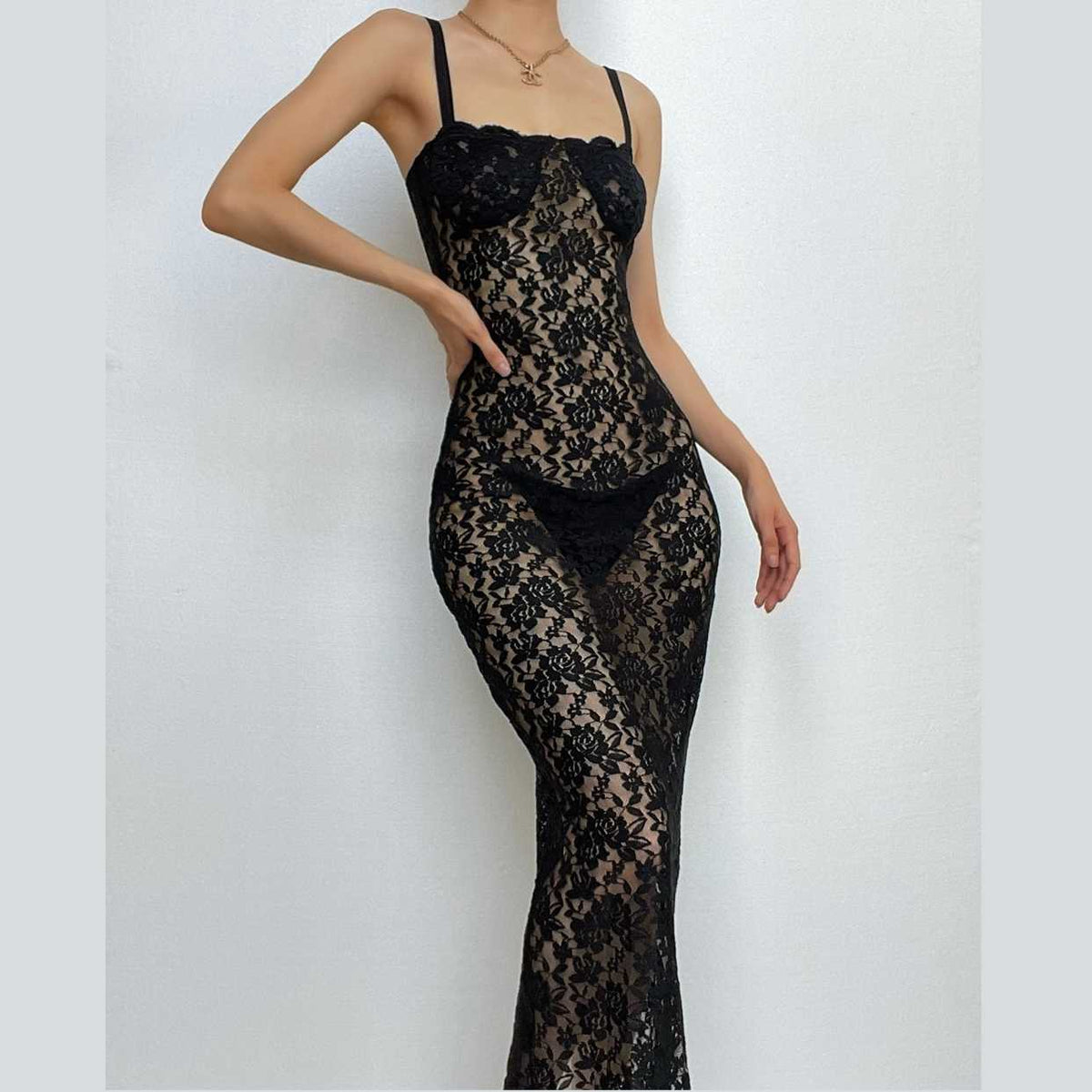 Sheer Floral Lace Spaghetti Strap Bodycon Maxi Dress