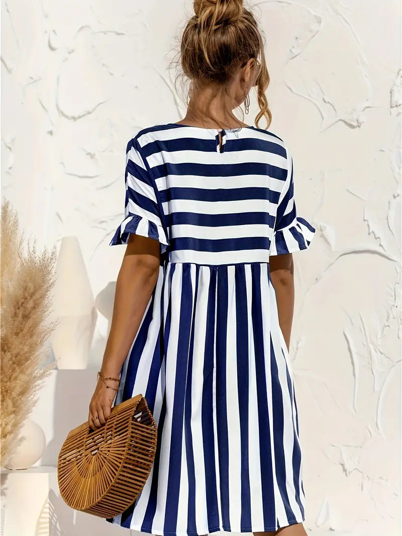 Striped Round Neck Ruffle Short Sleeve Empire Waist Smock Dress 5