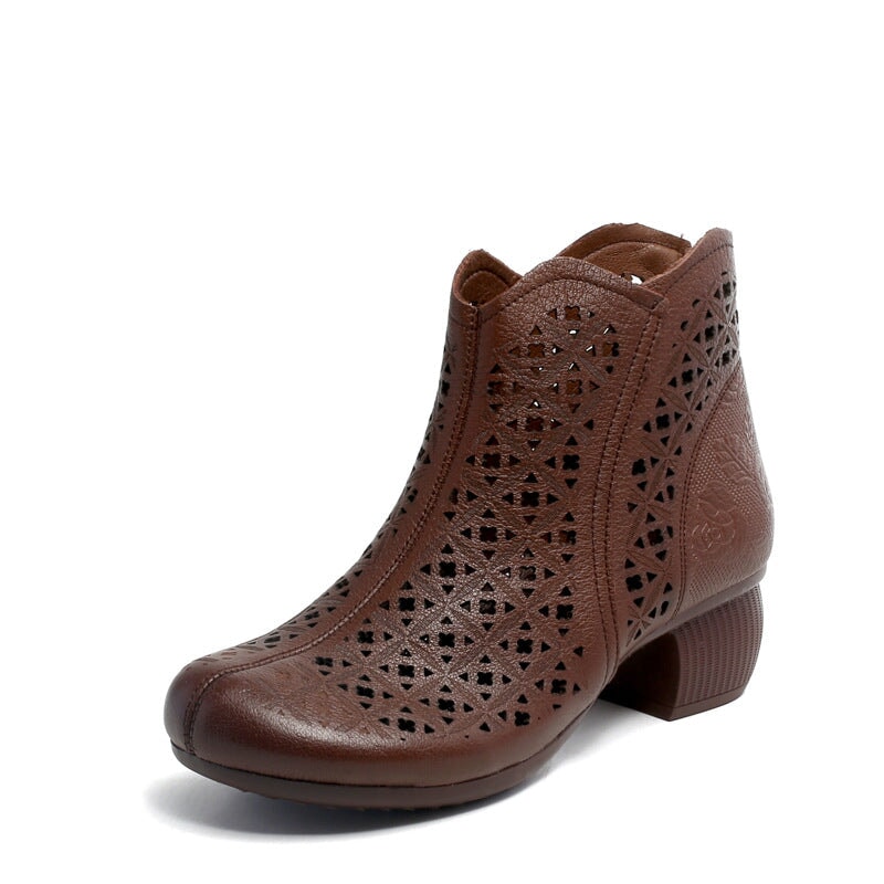 Cut Out Summer Boots Breathable Leather Short Boots Coffee /Apricot