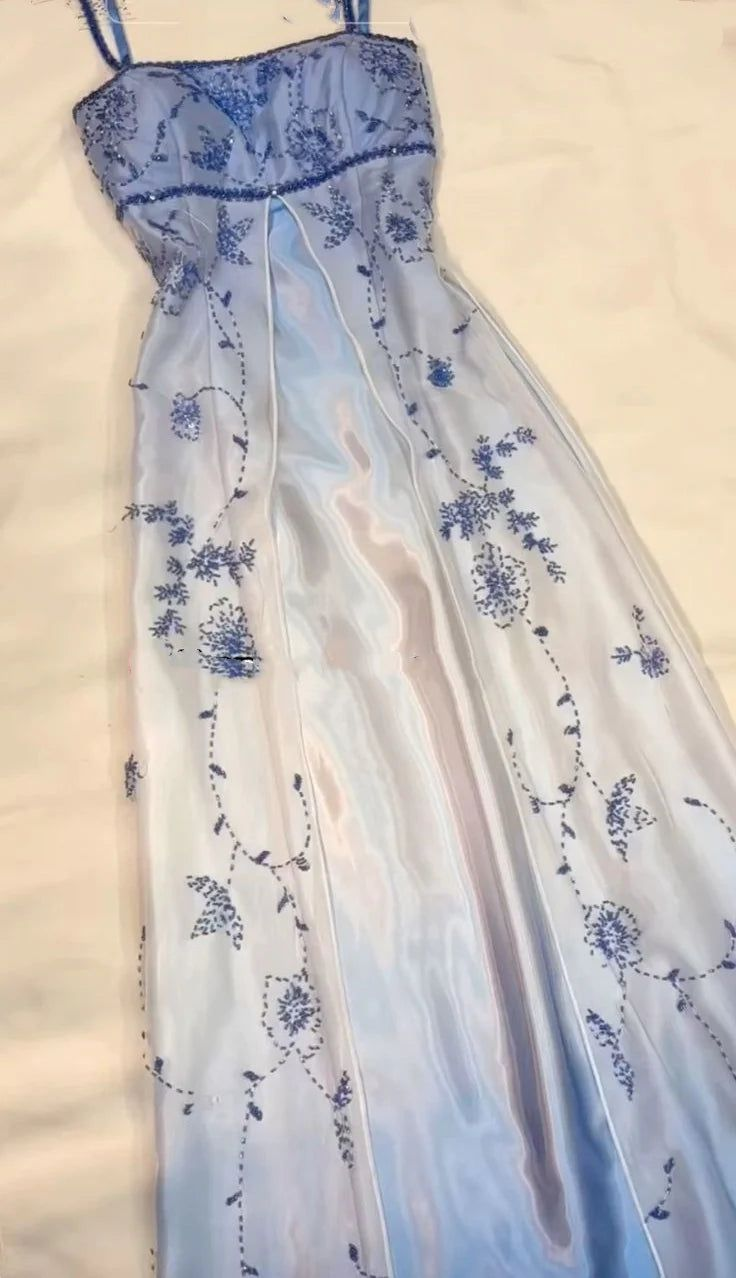 Blue And White Gradient Beaded Long Prom Dress Evening Dress