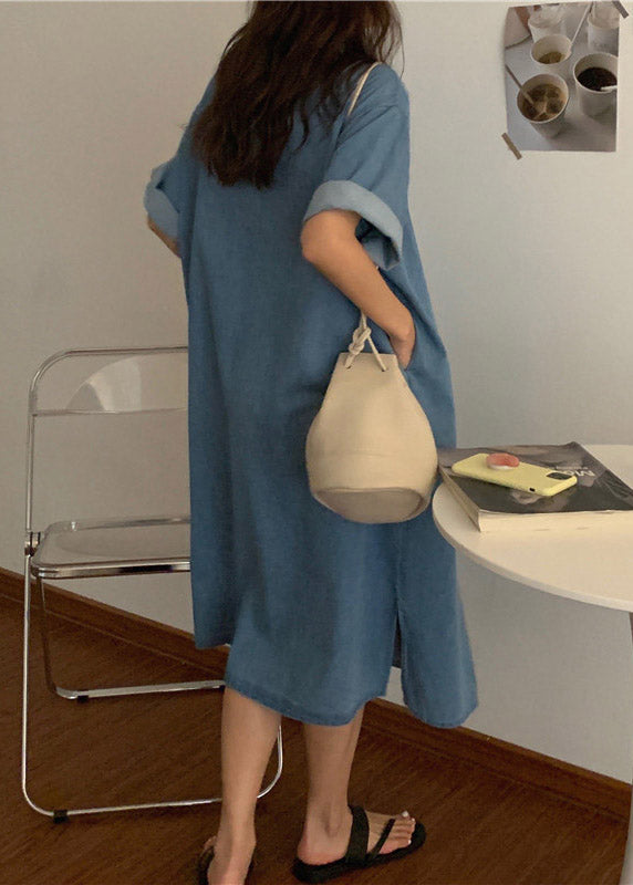 Denim Button Down Shirt Collar Short Sleeve Rolled Cuff Side Slit Midi Shirt Dress