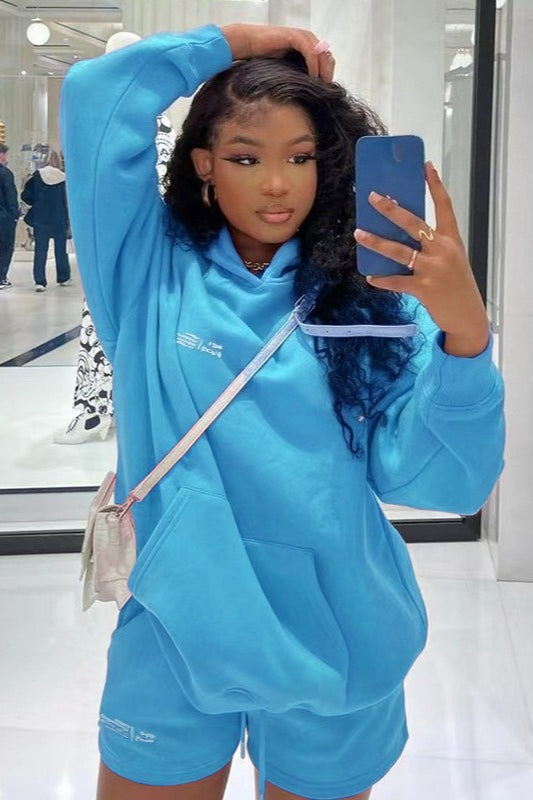 Oversized Kangaroo Pocket Letter Print Hoodie and Shorts Two Piece Set 6