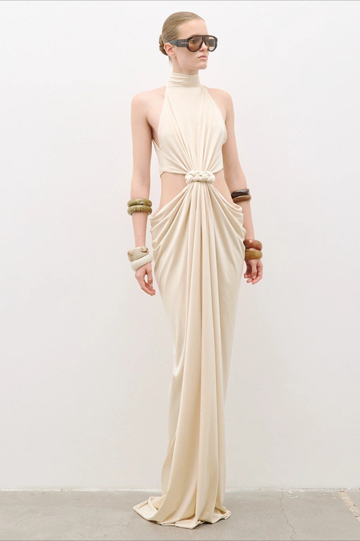 High Neck Twist Front Cut Out Reception Dress