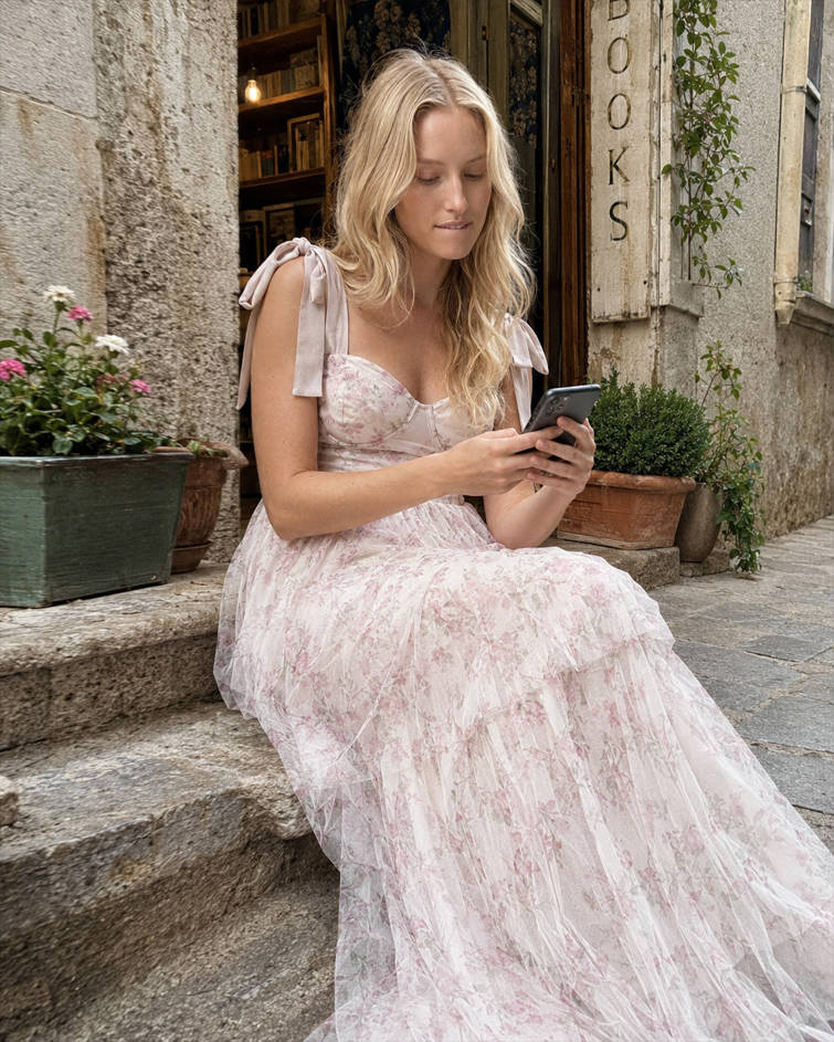 Pink Backless Strap Tiered Floral Dress