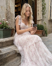 Pink Backless Strap Tiered Floral Dress