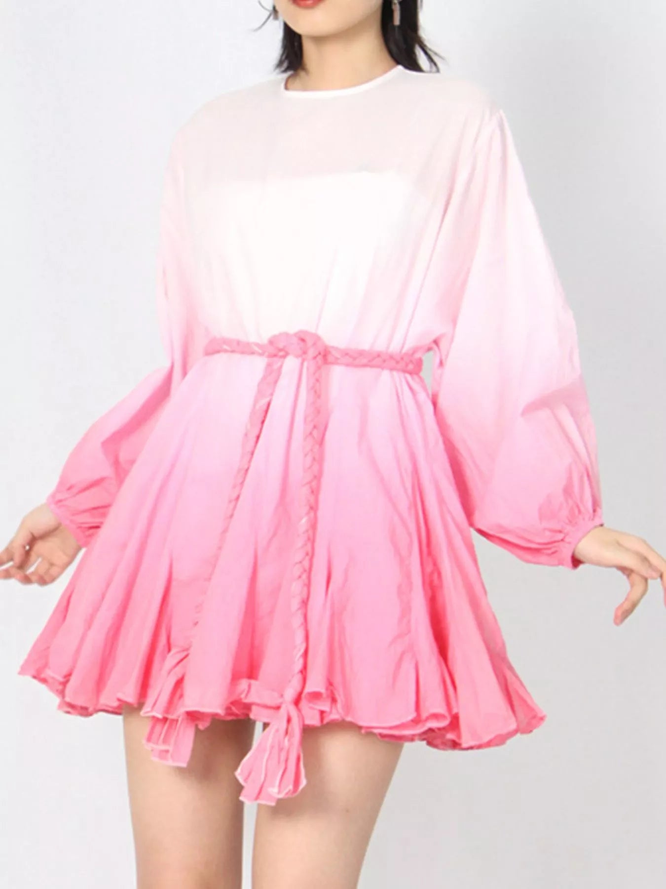 Pink and White Gradient Round Neck Balloon Sleeve Dress – Ombre Long Sleeve Mini Dress for Women Pink