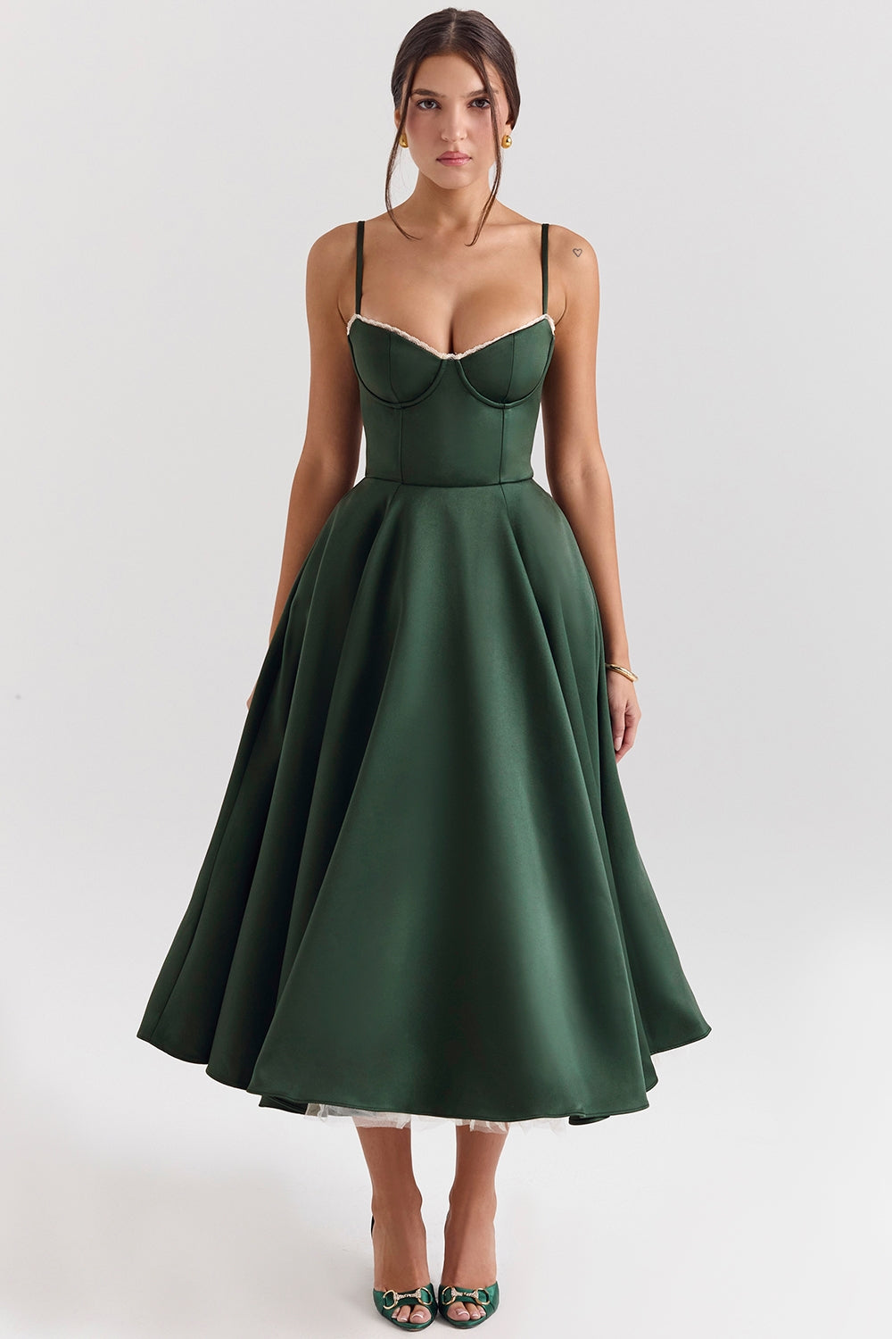 forest green satin tulle midi dress