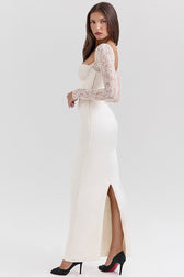 Lace Trim Satin Backless Long Sleeve Fit Lace Dress