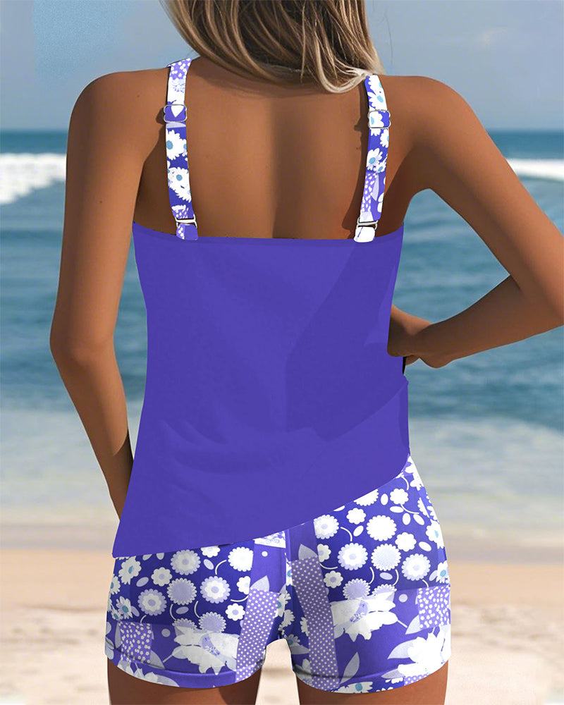 Floral Print Adjustable Strap Tankini Top and Shorts Swimsuit Set
