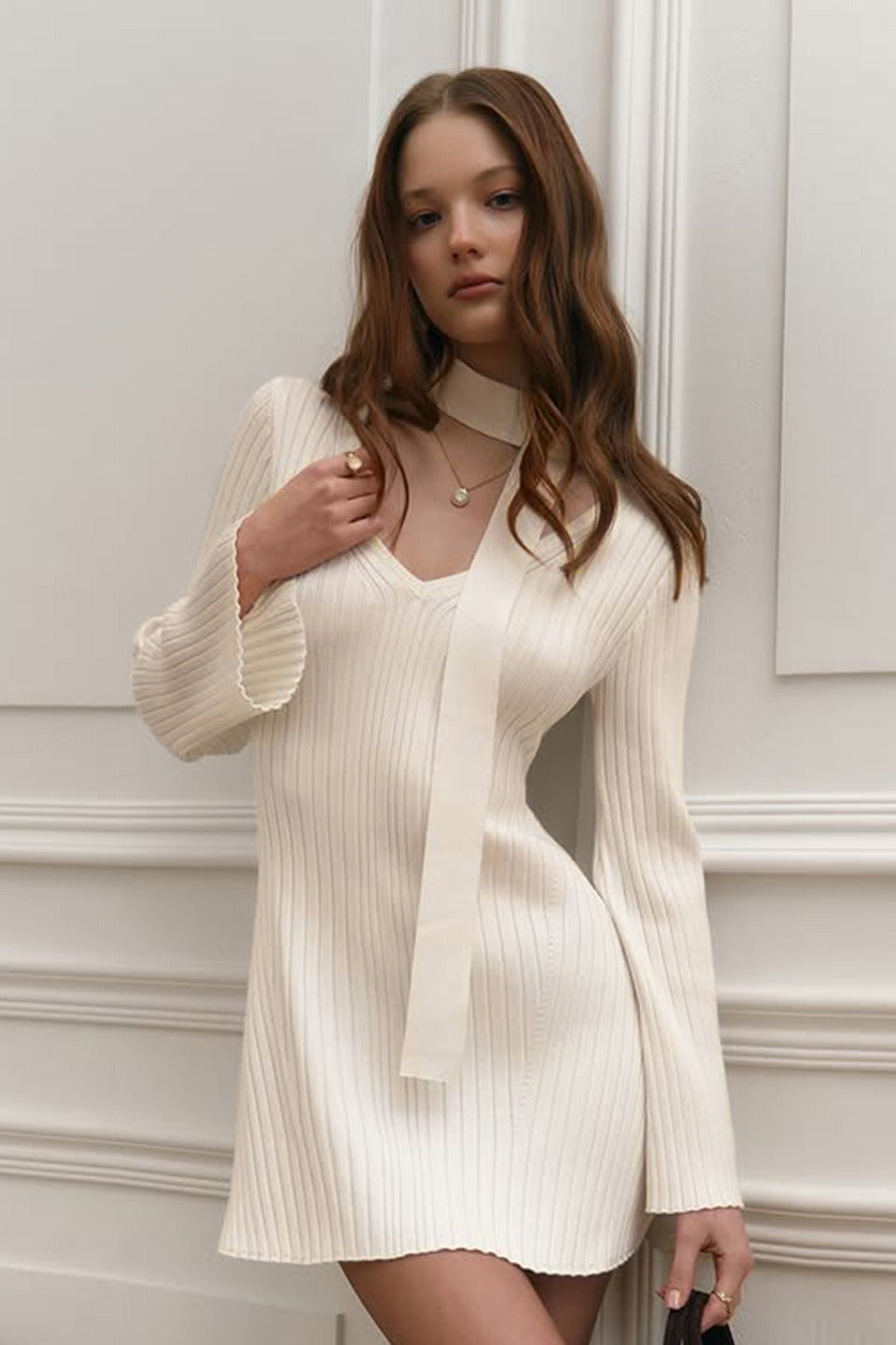 A Line Knit Long Sleeve Mini Dress