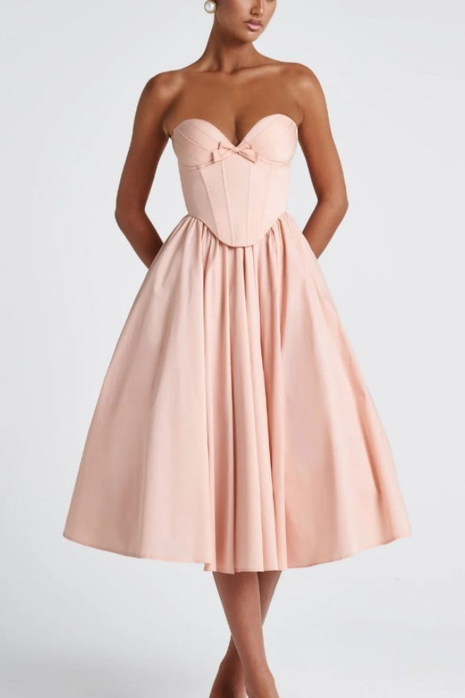 Strapless Bow Corset Satin Fit and Flare Midi Dress