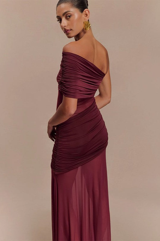 One Shoulder Ruched Mesh Panel Gown