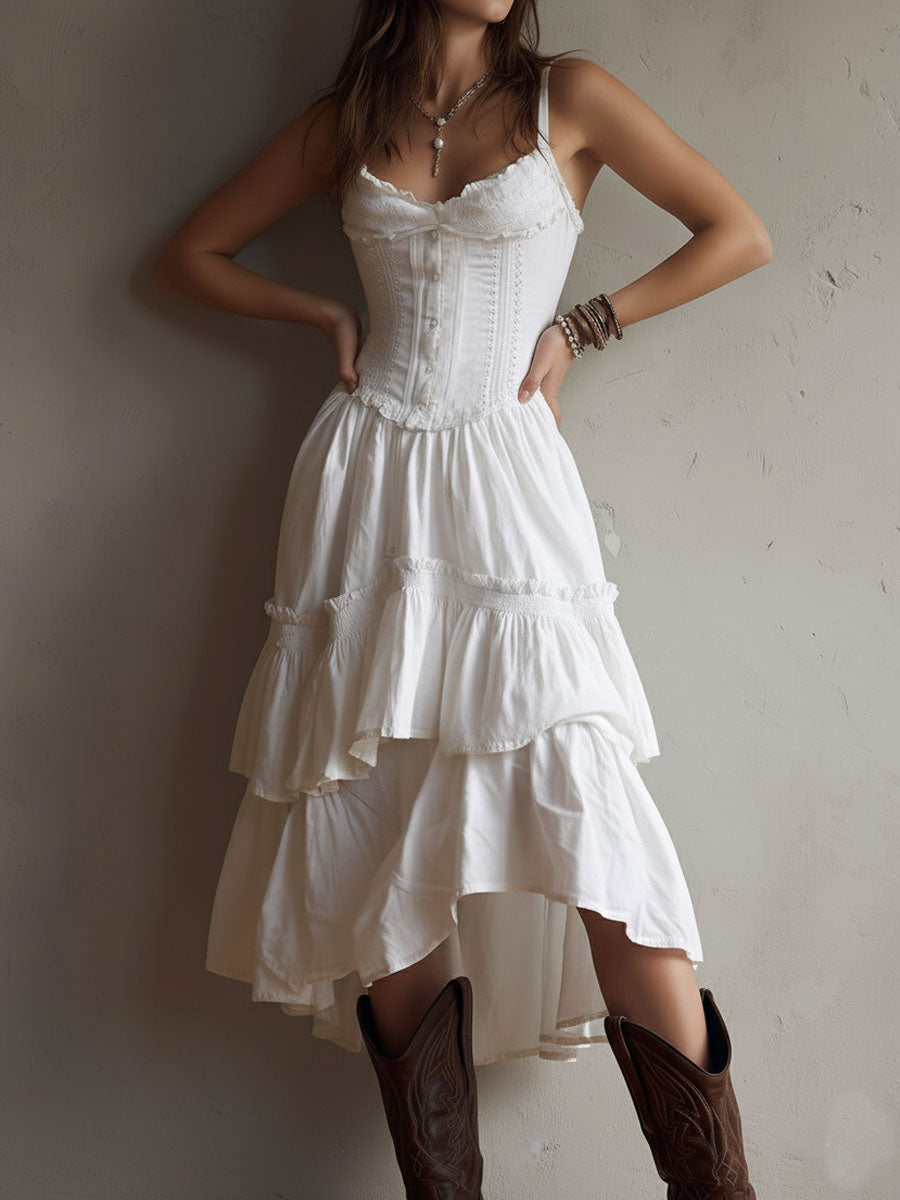 Corset Bodice Spaghetti Strap Ruffle Tiered High Low Midi Dress