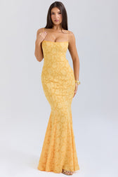 Strapless Lace Backless Waist Tie Maxi Lace Dress