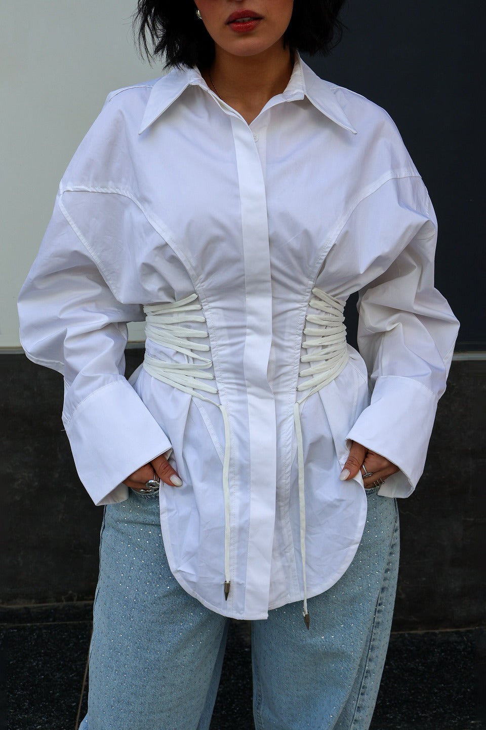 Lace Up Corset Waist Collared Hidden Placket Long Sleeve Shirt