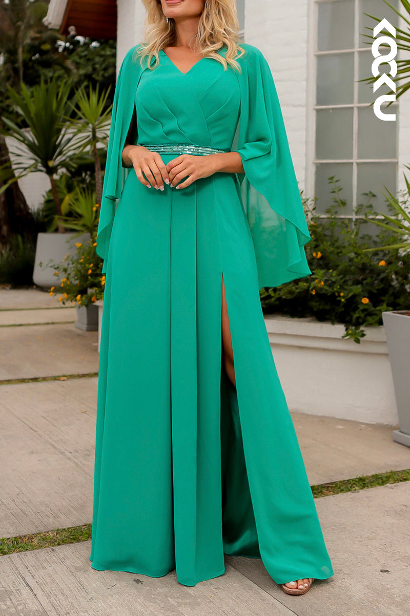 M6278 - Simple & Casual Long Sleeves V-Neck A-Line Side Slit Chiffon Mother of the Bride Dress