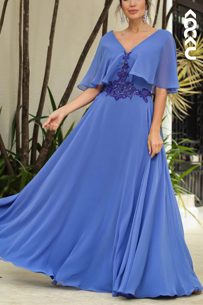 M6283 - Simple & Casual Half Sleeves Appliques V-Neck A-Line Chiffon Mother of the Bride Dress
