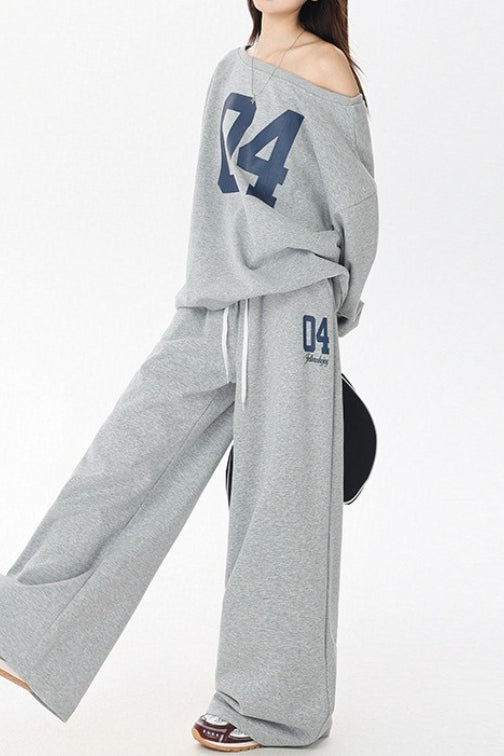 Number Print Off Shoulder Sweatshirt and Drawstring Wide Leg Sweatpants Two Piece Set