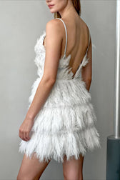Deep V Feather Trim Slip Mini Graduation Party Dress