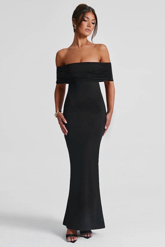 Off Shoulder Ruched Fold Over Bodycon Mermaid Maxi Dress