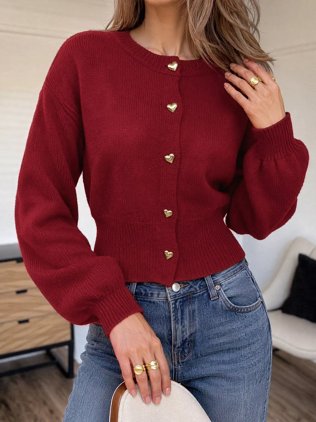Crew Neck Heart Button Front Lantern Sleeve Knit Cardigan