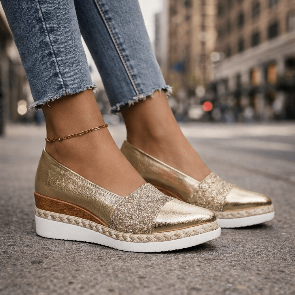 Glitter Cap Toe Slip On Espadrille Wedge Flats