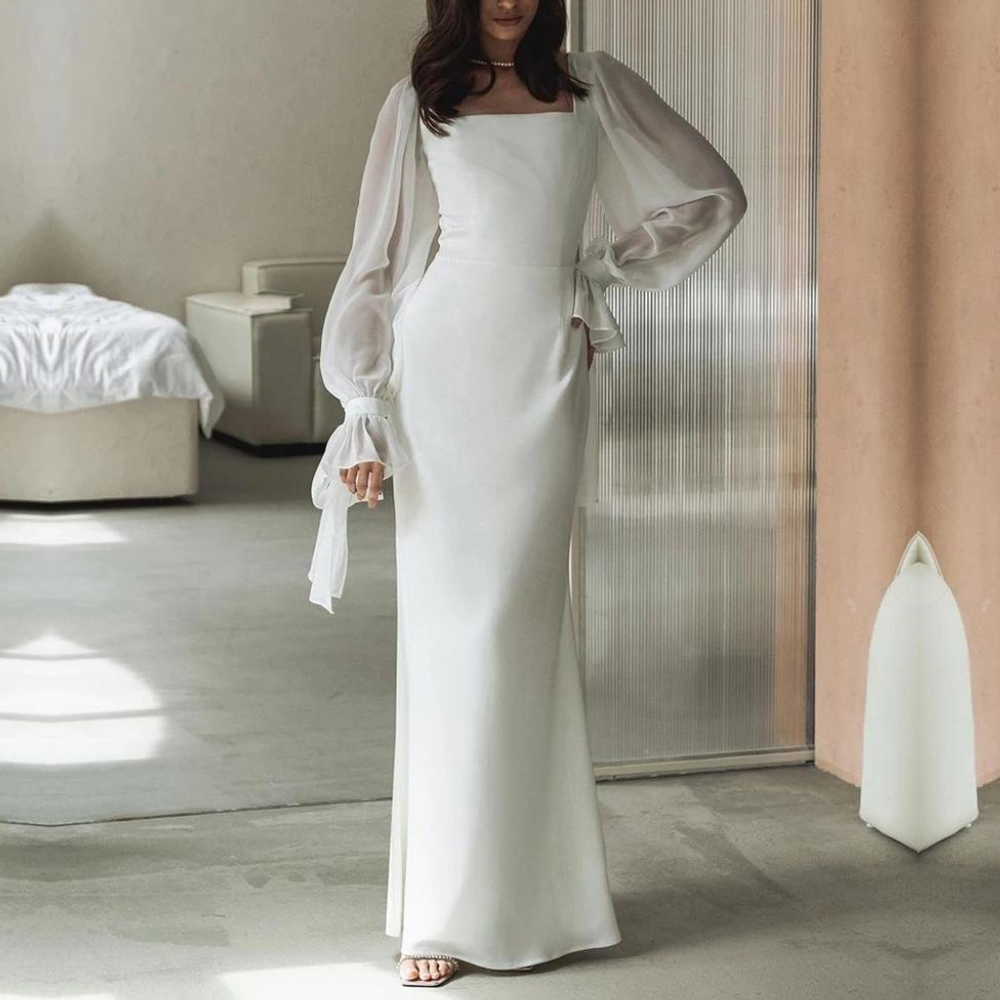 Square Neck Sheer Puff Sleeve Mermaid Maxi Dress