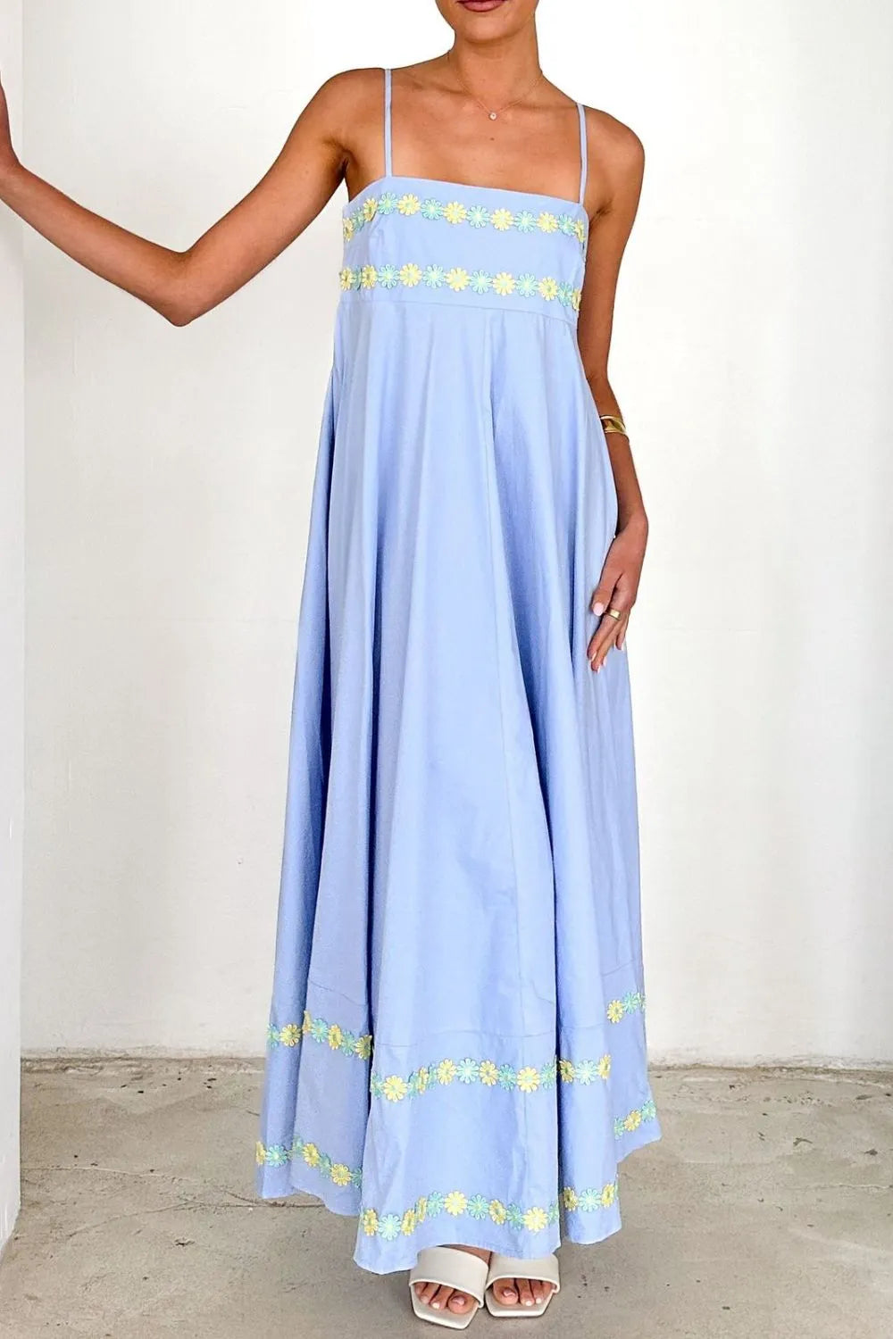 Floral Embroidered Spaghetti Strap Maxi Dress
