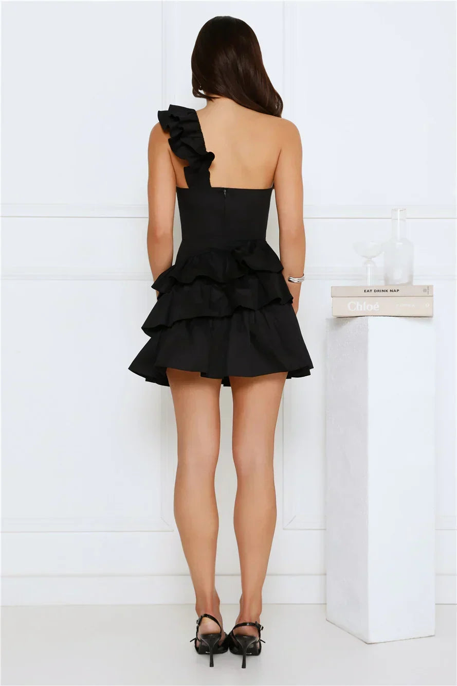 One Shoulder Ruffle Trim Sweetheart Tiered Ruffle Mini Dress 9