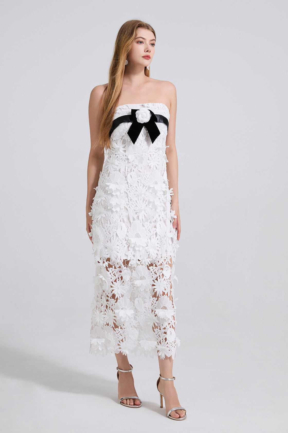 3D Floral Lace Applique Strapless Bodycon Midi Dress