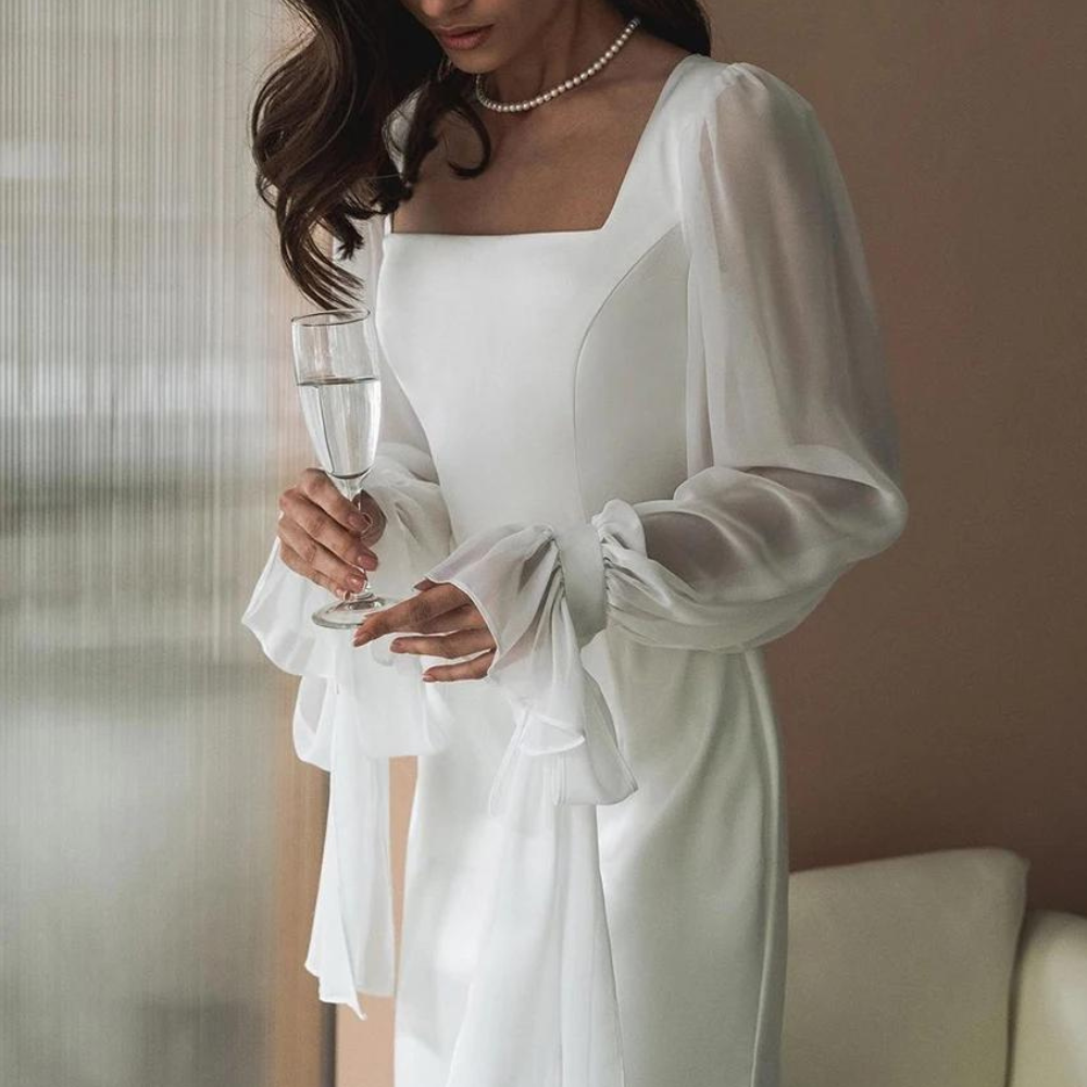 Square Neck Sheer Puff Sleeve Mermaid Maxi Dress 4